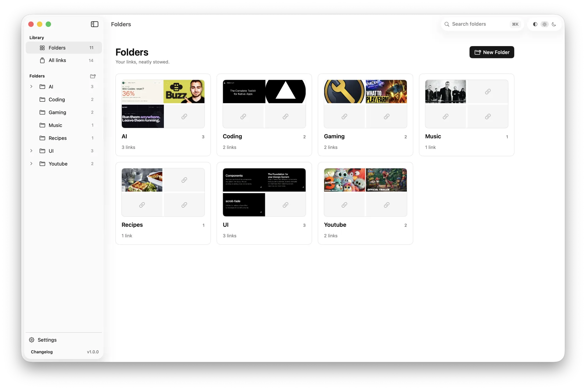 StowLink showing a SwiftUI folder, a saved Apple Developer link, a page preview, and notes