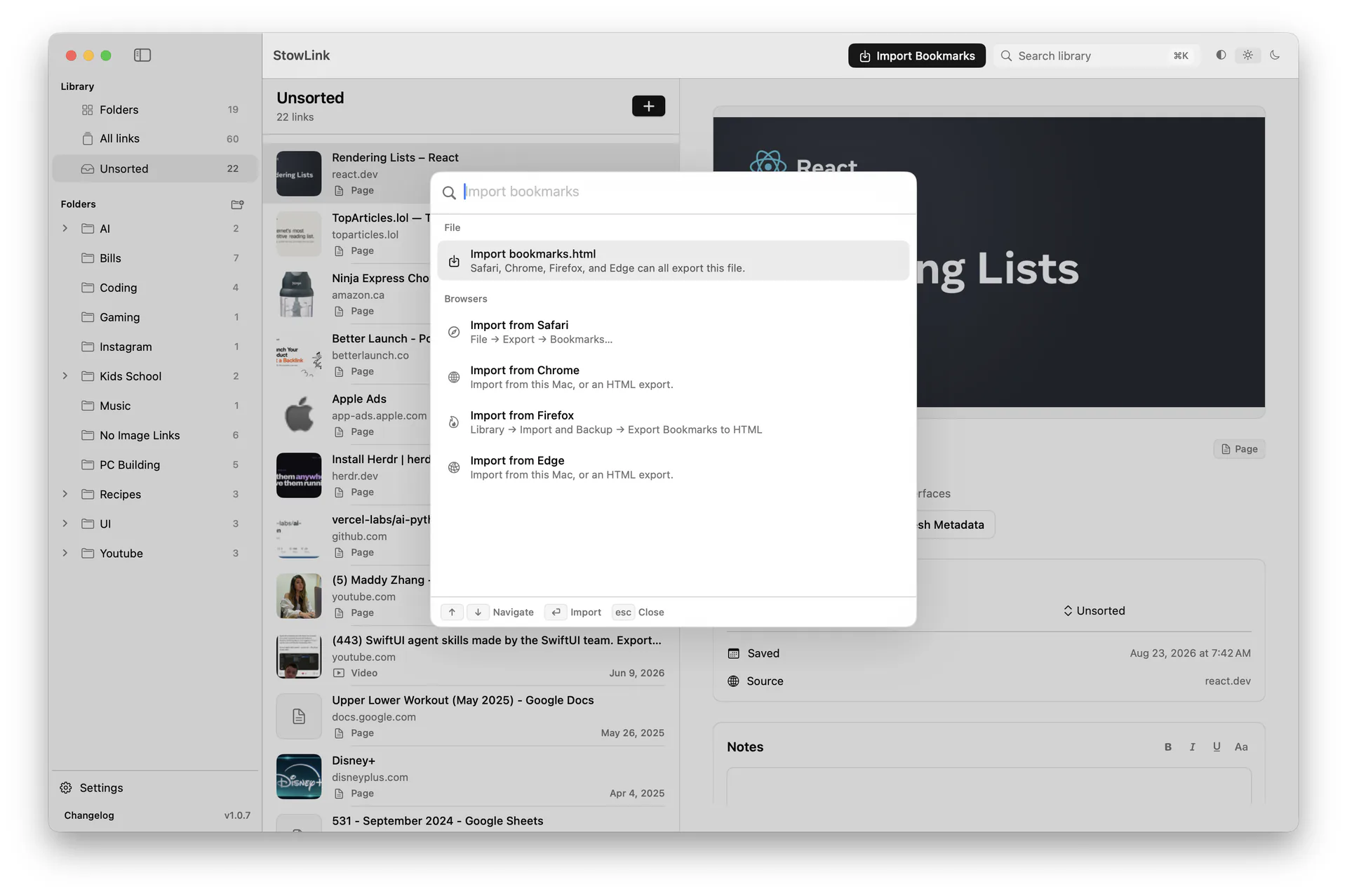 StowLink Import bookmarks window with Safari, Chrome, Firefox, Edge, and HTML file options